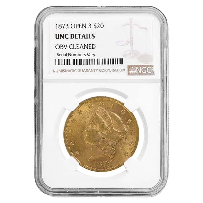 1873 $20 Open 3 Liberty Head Double Gold Eagle Coin NGC UNC Details