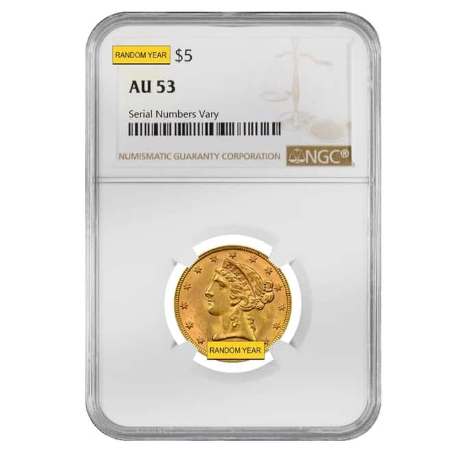 $5 Gold Half Eagle Liberty Head NGC AU 53 (Random Year)