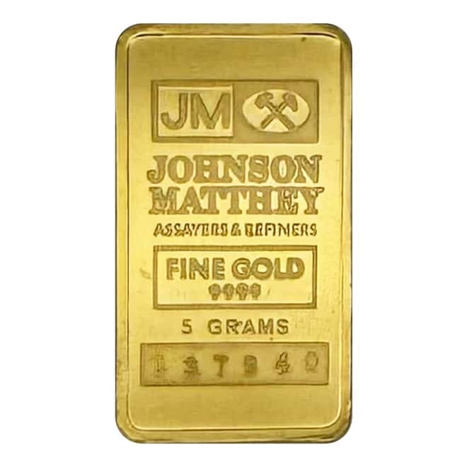 5 gram Johnson Matthey Gold Bar .9999 Fine