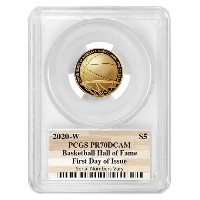 2020 W $5 Gold Basketball Hall of Fame Proof Coin PCGS PF 70 DCAM FDOI (NHOF Logo Label)
