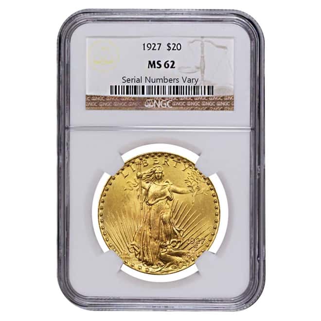 1927 $20 Gold St. Gaudens Double Eagle Coin NGC MS 62