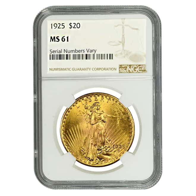 1925 $20 Gold St. Gaudens Double Eagle Coin NGC MS 61
