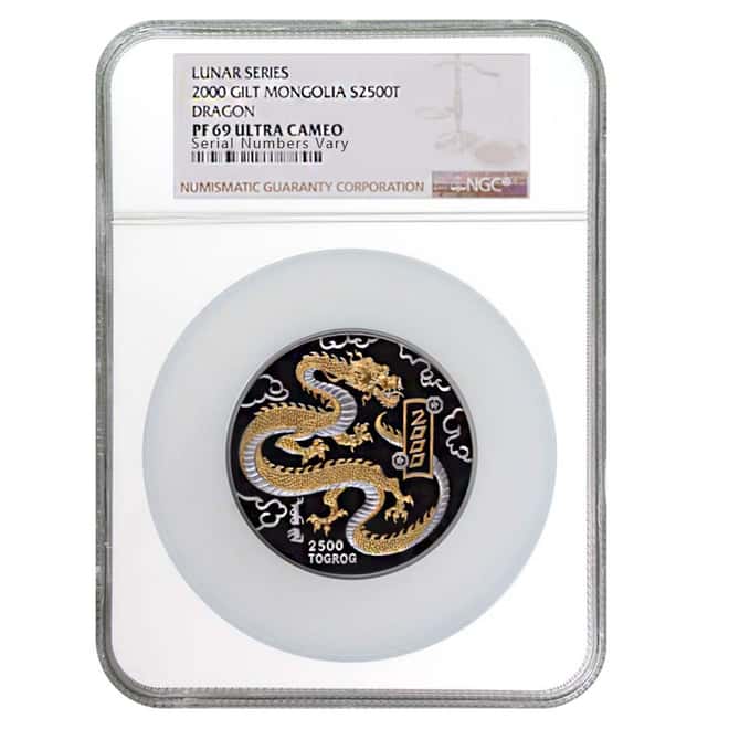 2000 5 oz Mongolia Silver Gilt Dragon Lunar Series 2500 Togrog NGC PF 69