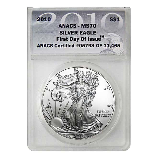2010 1 oz Silver American Eagle $1 Coin ANACS MS 70 First Day of Issue