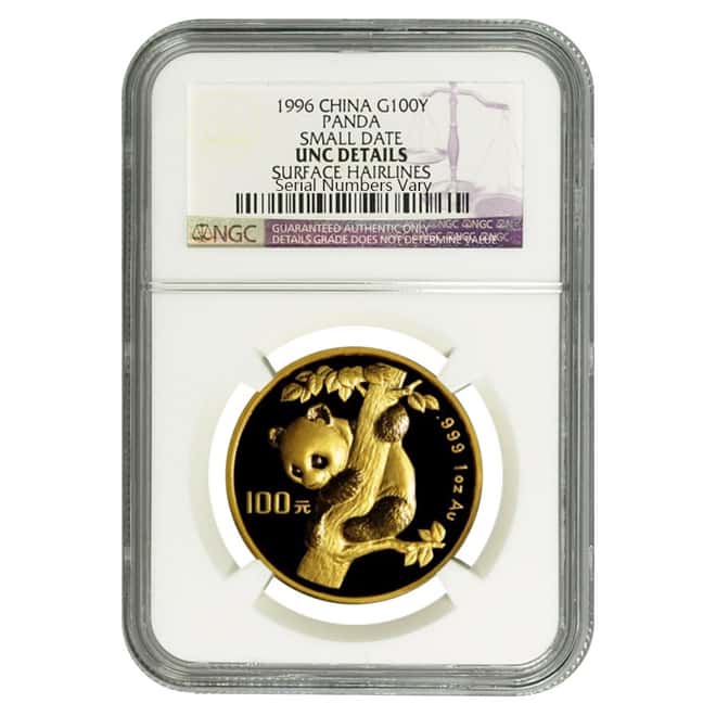 1996 1 oz Chinese Gold Panda 100 Yuan NGC Small Date UNC Details