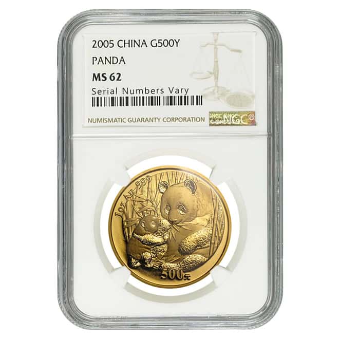 2005 1 oz China Gold Panda 500 Yuan NGC MS 62