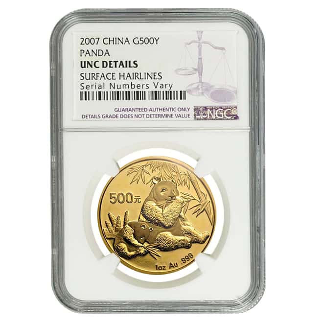2007 1 oz China Gold Panda 500 Yuan NGC UNC Details
