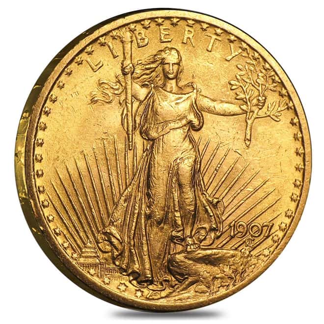 1907 $20 Gold Saint Gaudens Double Eagle No Motto - Almost Uncirculated AU - First Year of Issue