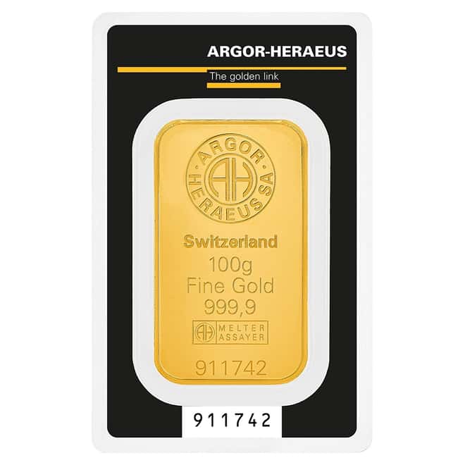100 gram Argor Heraeus Gold Bar .9999 Fine (In Assay)