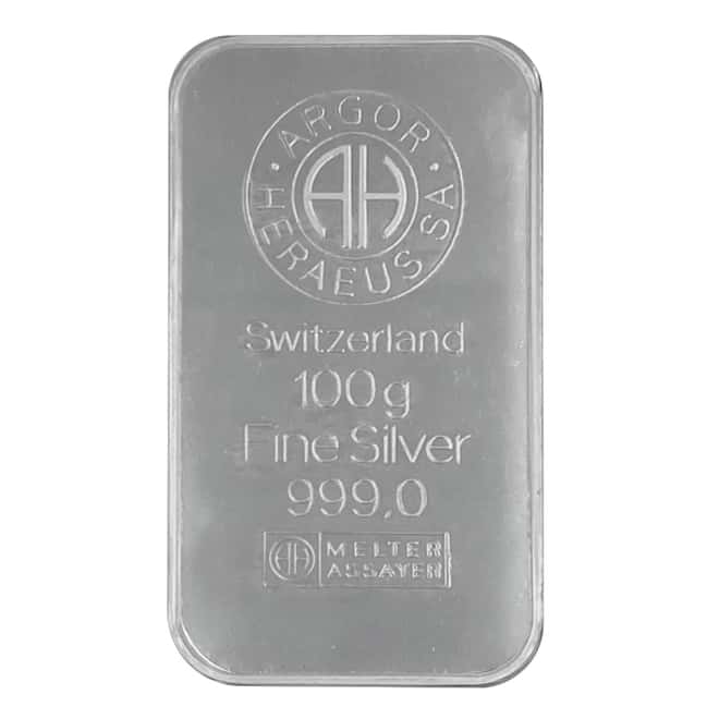 100 gram Argor Heraeus Silver Bar Pressed .999 Fine