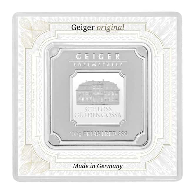 100 gram Geiger Original Square Silver Bar .999 Fine (In Assay)