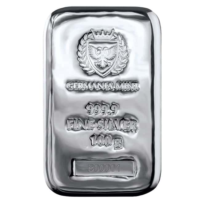 100 gram Germania Mint Silver Bar .9999 Fine