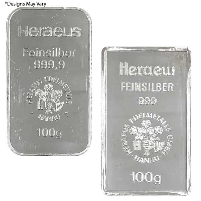 100 gram Heraeus Silver Bar Vintage .999 Fine (Random Design)