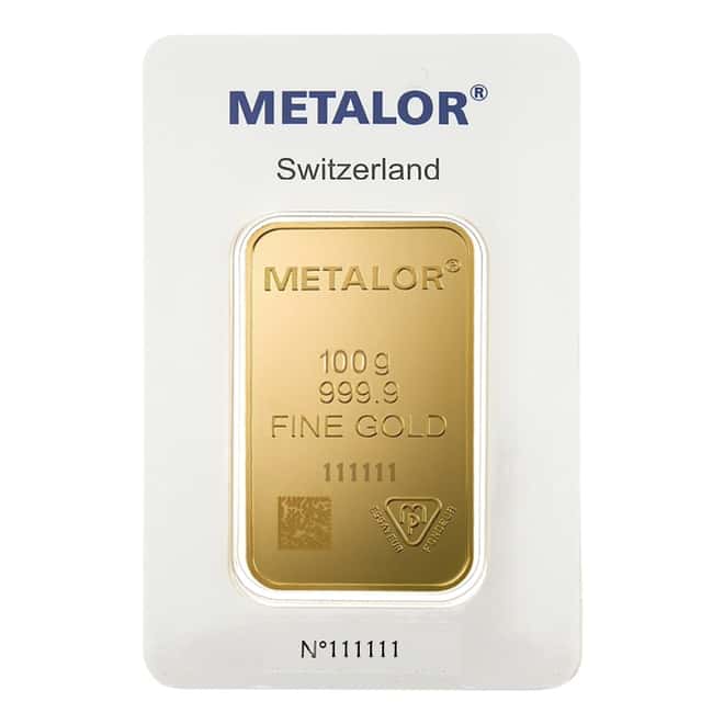 100 gram Metalor Gold Bar .9999 Fine (In Assay)