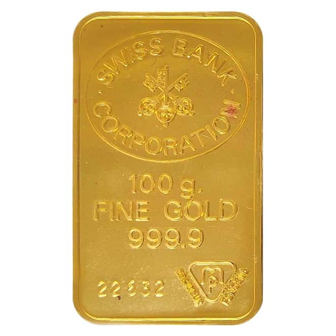 100 gram Swiss Bank Corporation Gold Bar .9999 Fine