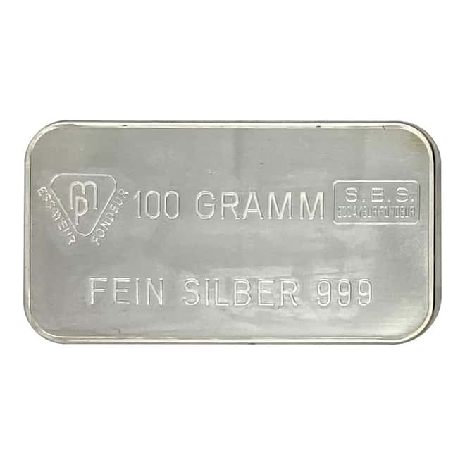 100 gram Swiss Bank Corporation MP Silver Vintage Bar .999 Fine