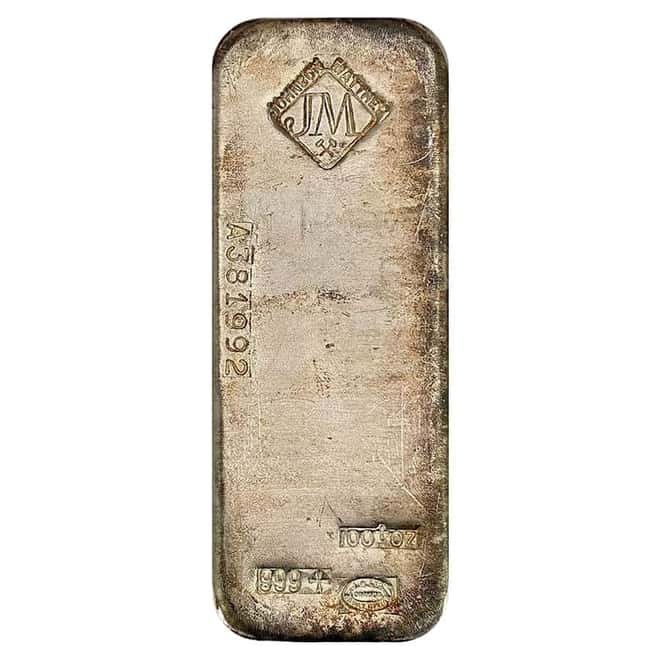 100 oz Johnson Matthey (JM) Silver Vintage Bar .999 Fine (Countermarks on Back)