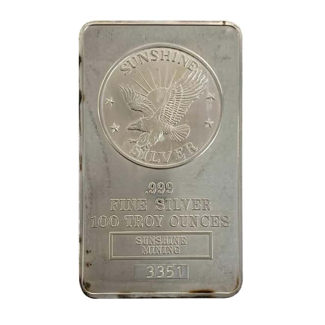 100 oz Sunshine Mint Vintage Silver Bar .999 Fine (Pressed, Sunshine Minting Logo)