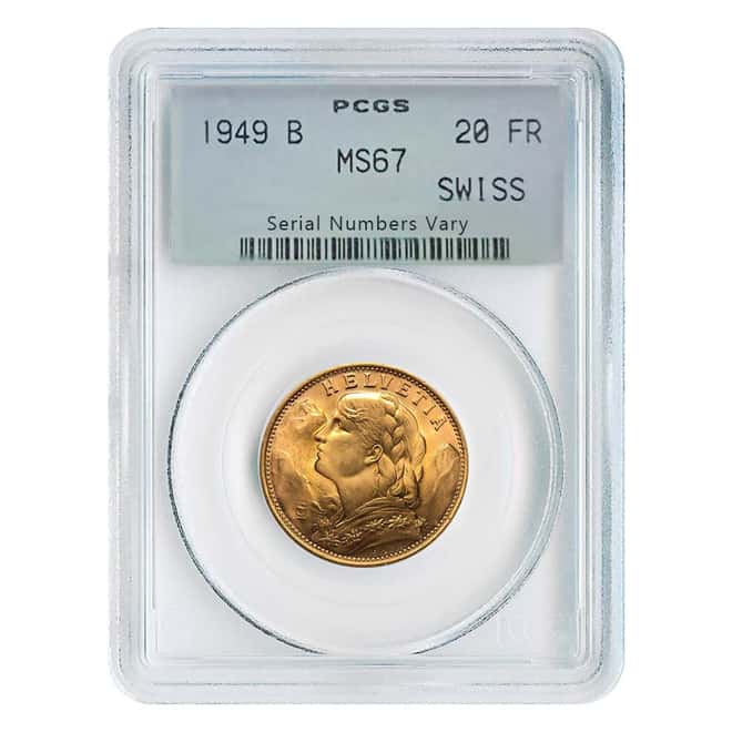 1949 B Swiss Gold 20 Francs Helvetia PCGS MS 67