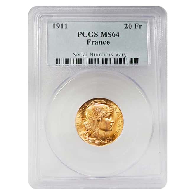 1911 France 20 Francs Rooster PCGS MS64