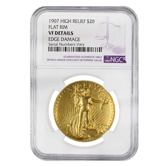 1907 $20 St. Gaudens Gold Double Eagle High Relief Flat Rim NGC VF Details