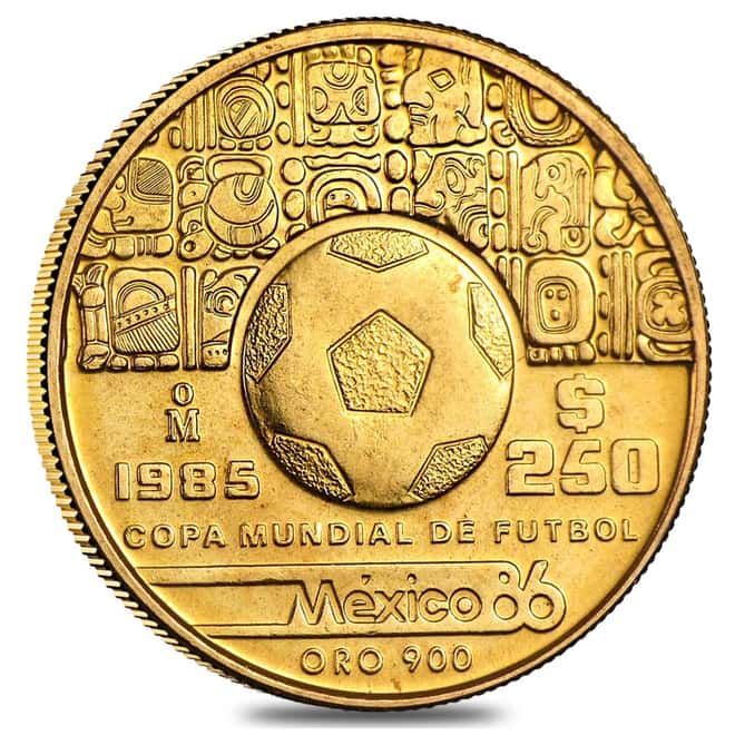 1985 Mexico Gold 250 Pesos 1/4 oz World Cup Coin AU/BU