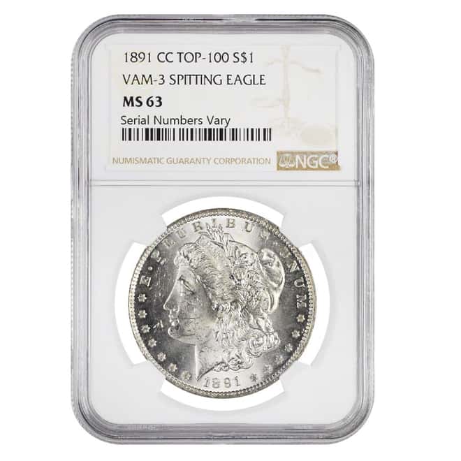 1891-CC Silver Morgan Dollar NGC MS 63 Top 100 VAM-3 Spitting Eagle