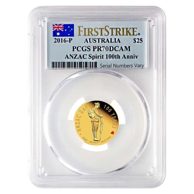 2016-P Australia ANZAC Spirit 100th Anniversary $25 Gold Coin PCGS PF 70 First Strike