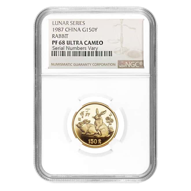 1987 8 gram China Gold Rabbit 150 Yuan NGC PF 68 (Lunar Series)
