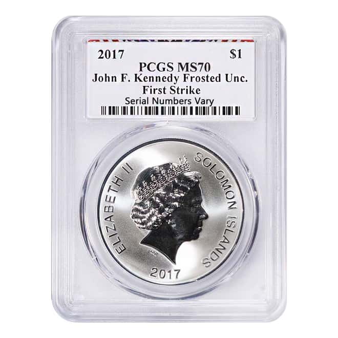 2017 1 oz Silver JFK Solomon Islands PCGS MS 70 First Strike (US Flag JFK Label)