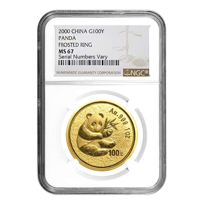 2000 China 1 oz Gold Panda Frosted Ring 100 Yuan NGC MS 67