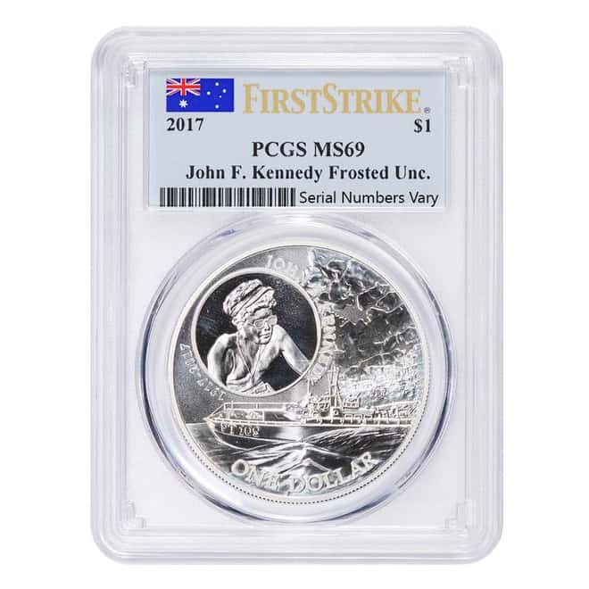 2017 1 oz Silver JFK Solomon Islands PCGS MS 69 First Strike (Flag JFK Label)
