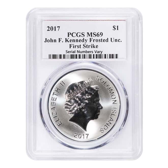 2017 1 oz Silver JFK Solomon Islands PCGS MS 69 First Strike (JFK Signature Label)