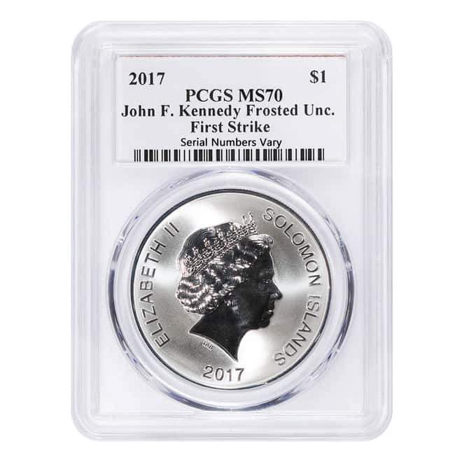 2017 1 oz Silver JFK Solomon Islands PCGS MS 70 First Strike (JFK Signature Label)