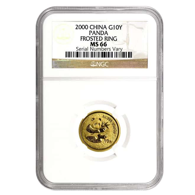 2000 1/10 oz China Gold Panda Frosted Ring 10 Yuan NGC MS 66