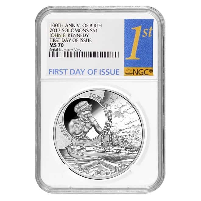 2017 1 oz Silver JFK Solomon Islands NGC MS 70 FDOI First Day of Issue