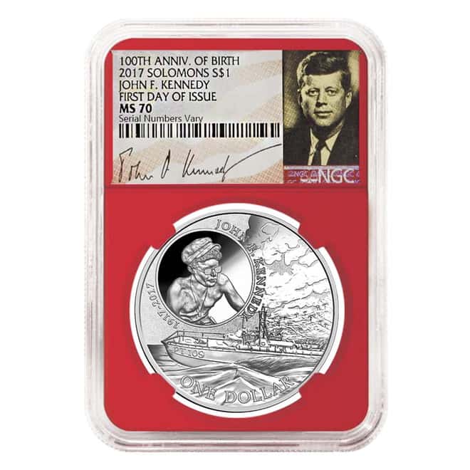 2017 1 oz Silver JFK Solomon Islands NGC MS 70 FDOI First Day of Issue (JFK Signature Label Red)
