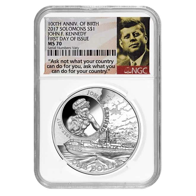 2017 1 oz Silver JFK Solomon Islands NGC MS 70 FDOI First Day of Issue (JFK Ask Not Label)