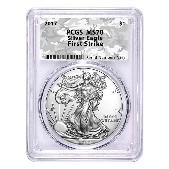 2017 1 oz Silver American Eagle $1 Coin PCGS MS 70 First Strike (Arctic Army Camo)