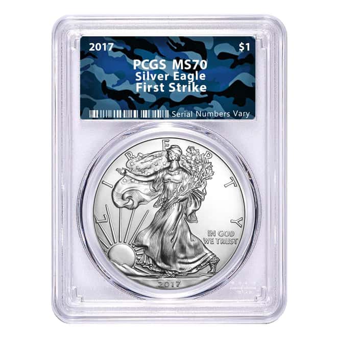 2017 1 oz Silver American Eagle $1 Coin PCGS MS 70 First Strike (Aquatic Army Camo)