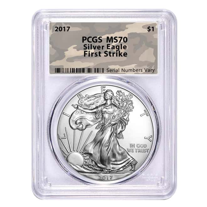 2017 1 oz Silver American Eagle $1 Coin PCGS MS 70 First Strike (Desert Army Camo)
