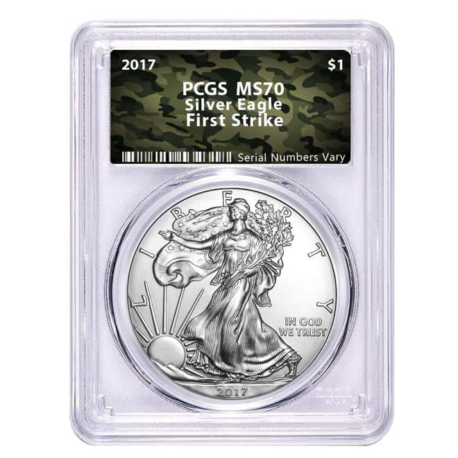 2017 1 oz Silver American Eagle $1 Coin PCGS MS 70 First Strike (Forest Army Camo)