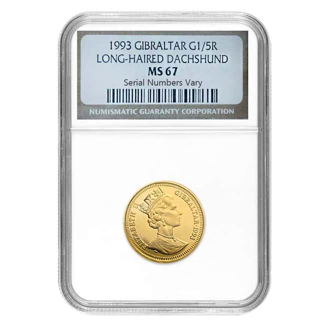 1993 Gibraltar 1/5 oz Gold Coin - Long Haired Dachshund NGC MS 67