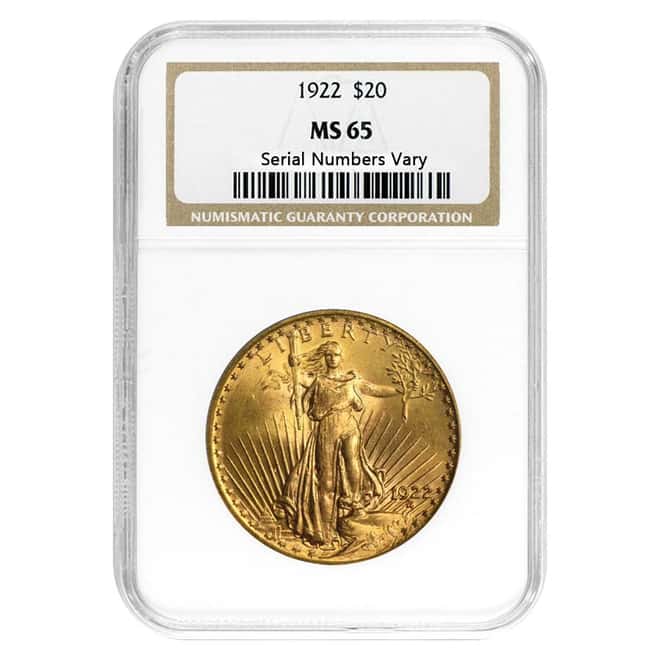 1922 $20 Gold St. Gaudens Double Eagle Coin NGC MS 65