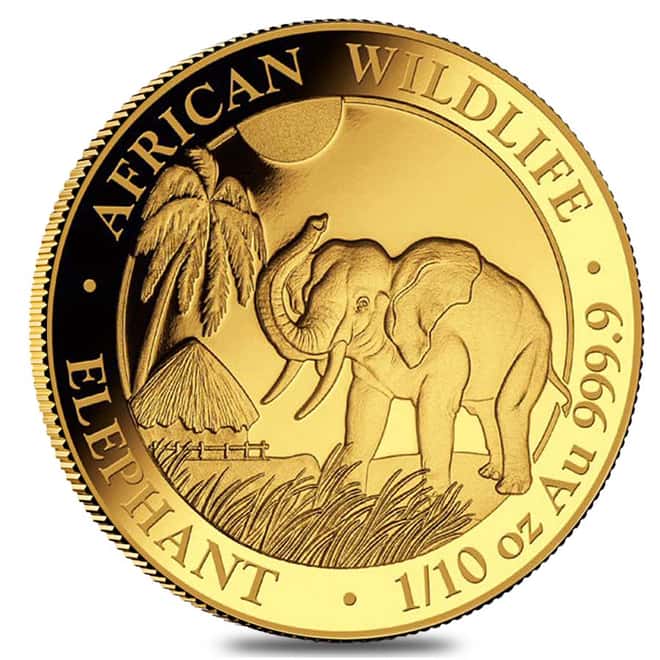 2017 Somalian 1/10 oz Gold African Elephant BU 100 Shillings (Sealed)