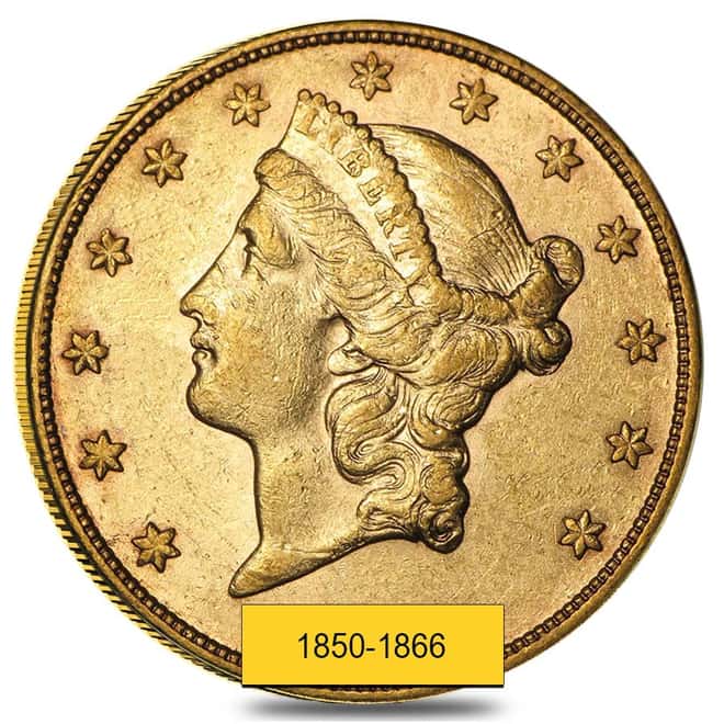 $20 Gold Double Eagle Liberty Head Type I - Extra Fine XF (Random Year, 1850-1866)