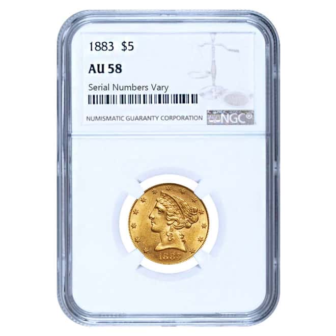 1883 $5 Liberty Head Half Eagle Gold Coin NGC AU 58