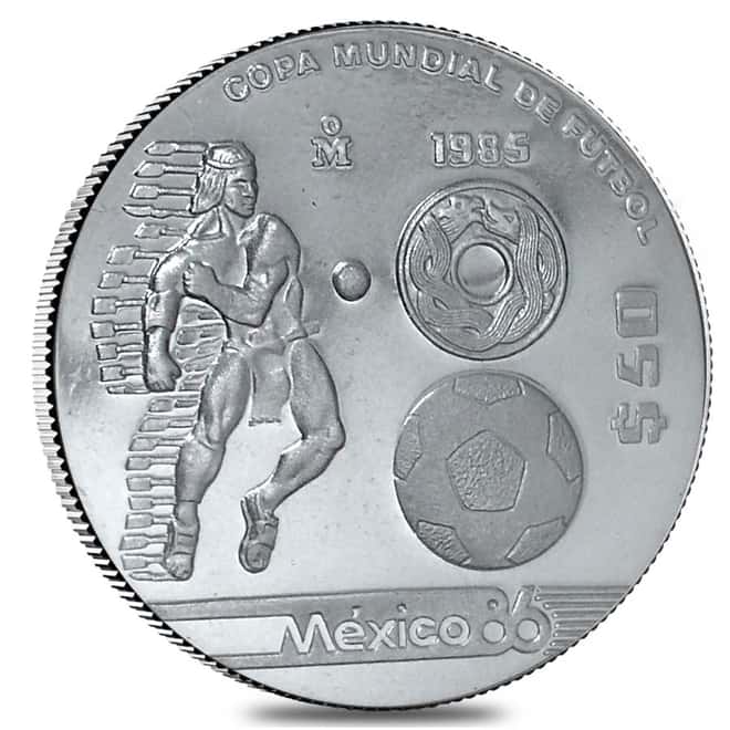 1985 Mexico Silver 50 Pesos 1/2 oz Proof 1986 Soccer World Cup Coin (w/Box&COA)