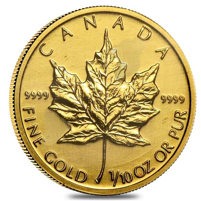 1/10 oz Canadian Gold Maple Leaf Coin (Abrasions,Random Year) 