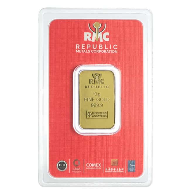 10 gram Republic Metals (RMC) Gold Bar .9999 Fine (In Assay)